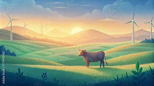 A lone cow grazing in a meadow seemingly unfazed by the towering wind turbines towering above her a testament to the peaceful integration of