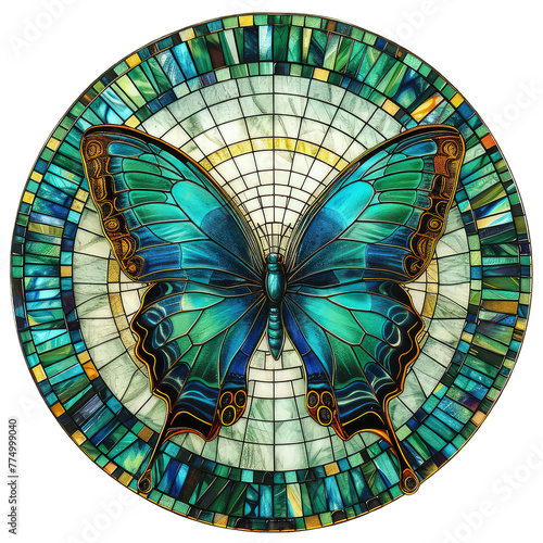 A blue butterfly is depicted in a stained glass design