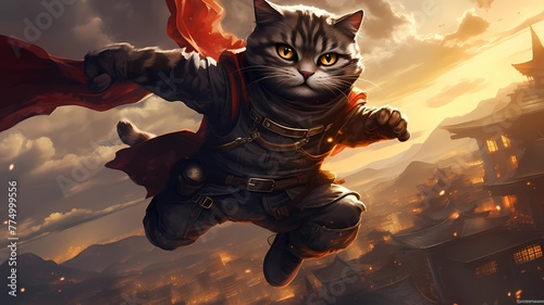 the hilarious yet epic scene of a ninja cat plummeting from the heavens amidst a sky ablaze with fiery hues, its once-proud demeanor now humbled as it shamefully withers under the scrutiny of onlooker