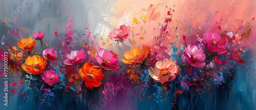 In the modern painting, the metal element, the texture background and the flowers, plants and flowers in a vase dominate