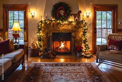 Spacious Living Area with Festive Trim, Fireplace Glow, Wintry Landscape View