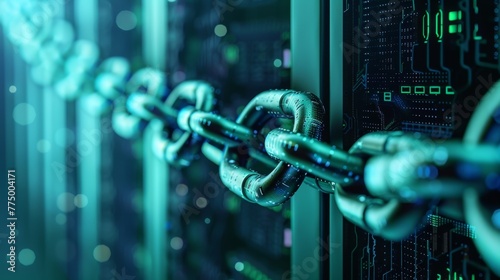 A chain formed from interlocking digital locks winds around a server rack, highlighting the interconnected nature of cyber security.