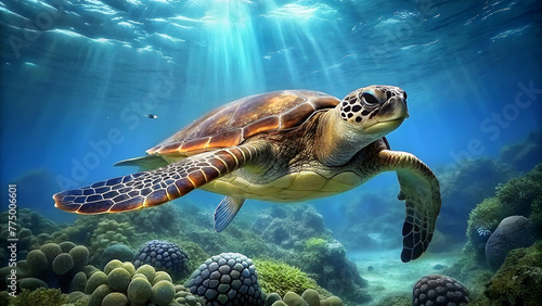 turtle is swimming in underwater of the sea