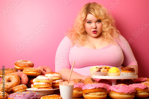 Fat young girl sitting next to a lot of sweets on a pink background, portrait, obesity problem, fast food consumption in young people and teenagers, front view