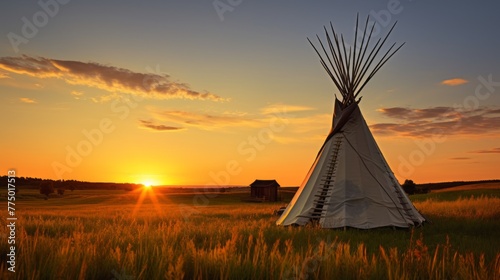 Wigwam of American Indian People on a grassy plain at sunset. The house of the Indigenous People of the Tribe in the field.