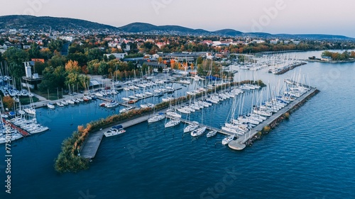 Aerial view of a port with moored yachts and boats