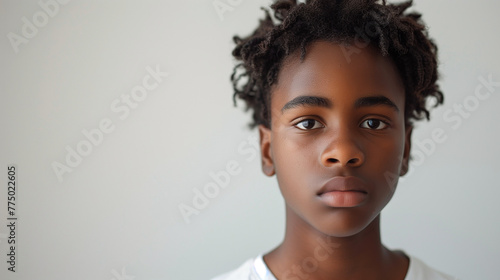 Portrait d'un garçon pré-adolescent de 10, 11 ou 12 ans avec un T-shirt blanc sur fond blanc, expression triste et sombre, traumatisme ou enfant victime d'abus