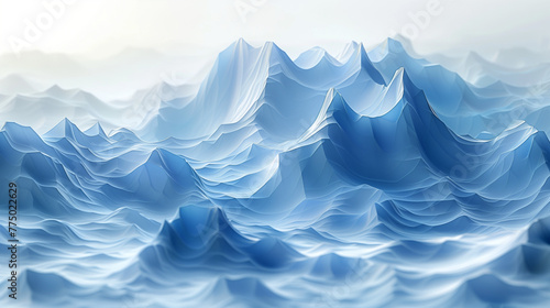 Arrière-plan contemporain en 3D avec reliefs et courbes, tons bleu glacier, effets strates géologiques, relief de montagne et paysage abstrait sur fond blanc