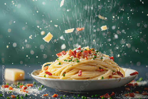 Pasta Carbonara. Spaghetti with pancetta, eggs, Parmesan cheese and cream sauce, Italian food