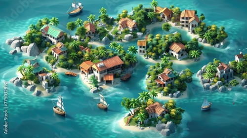 A detailed and colorful isometric map of a tropical island village, complete with lush greenery and sailing boats on turquoise waters.