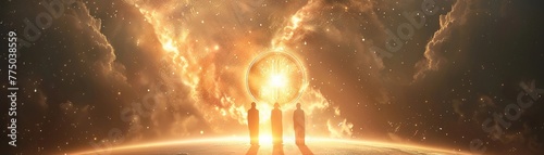 Heavenly figures trading Bitcoins, medium shot, celestial light, harmonious exchange