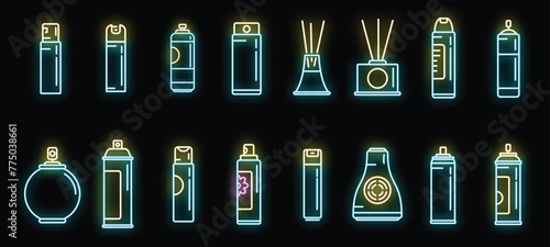 Air freshener icons set flat vector. Auto breathe. Air freshener neon color on black