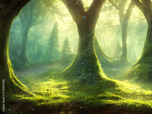 forêt féérique et éthérée en dessin ia, magie et fées