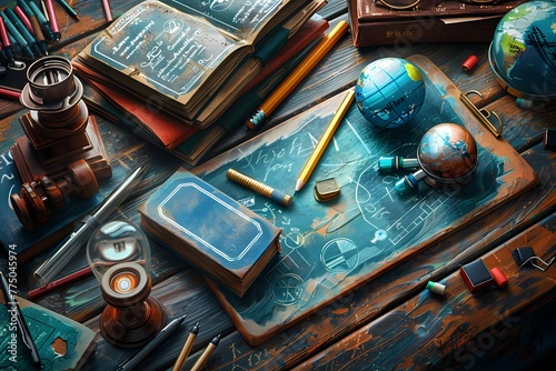 A wooden table with a worn surface holds a dusty globe and a stack of textbooks. A brass magnifying glass rests on a book with a worn leather cover. The globe and the magnifying glass have a brass me