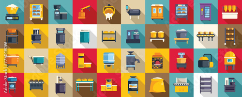 Bread production icons set flat vector. Food factory. Cake machine industry