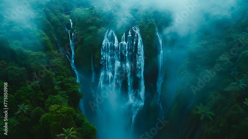 An aerial view of a majestic waterfall cascading down a lush tropical ravine