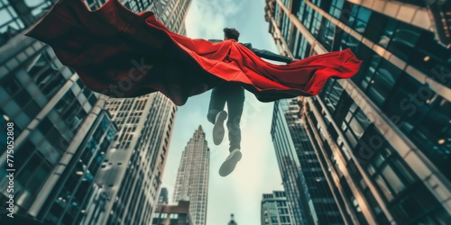 Businessman with superhero cape flying amidst urban skyscrapers in a dynamic image
