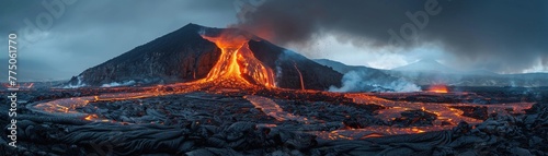 Lava oozed slowly from the volcano's crater, creating mesmerizing rivers of molten rock.