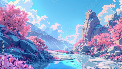 A natural environment illustrated in an anime manner. Generative AI