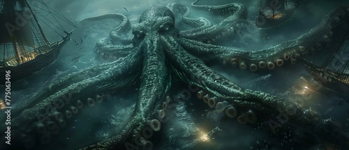 Capture the mighty Kraken in a stunning aerial view, dominating the ocean depths with its tentacles Show its power and mystery in a way that mesmerizes viewers