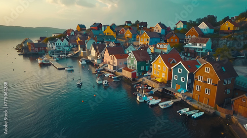 An aerial view of a picturesque coastal village with colorful houses clustered around a harbor