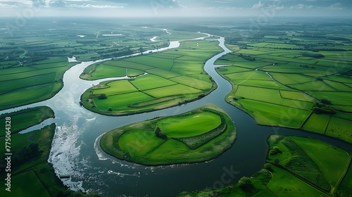 An aerial view of a picturesque countryside with patchwork fields and meandering rivers