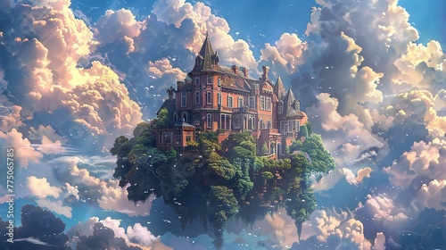 A decadent manor seated upon a cloud in the sky, 90's comic book style