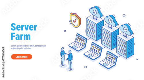 Server farm room outline isometric concept. Big data storage connected with cloud computing service. Online hosting technology. Vector line illustration isolated on white background.