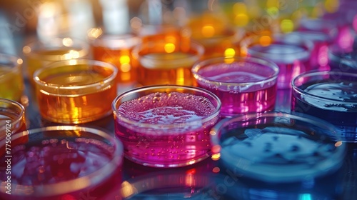 chemical reactions in petri dishes, colorful liquids mixing together, laboratory experiments and scientific concept