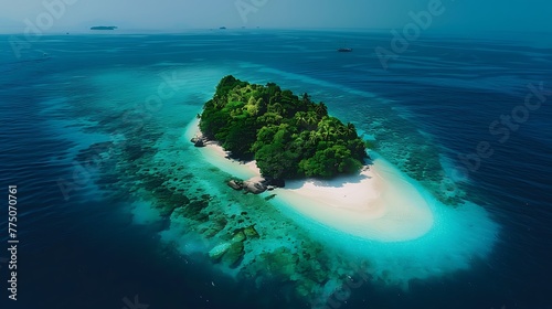 An aerial view of a remote island paradise with white sandy beaches