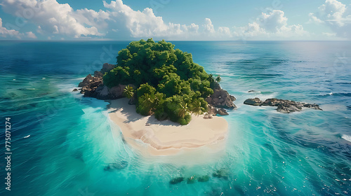 An aerial view of a remote island paradise with white sandy beaches and clear blue waters