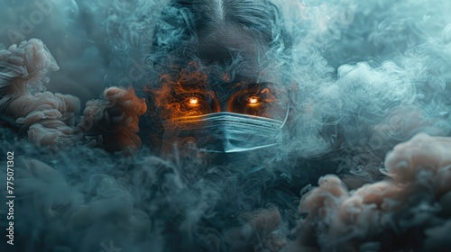 Surreal image of a medical mask floating in mid-air, surrounded by swirling smoke and fog