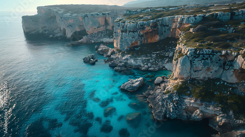 An aerial view of a rocky coastline with towering sea cliffs and hidden coves
