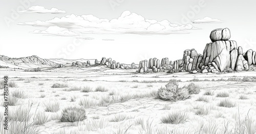 A detailed outline drawing of a sparse steppe, isolated rock formations, under a large, mostly clear sky.