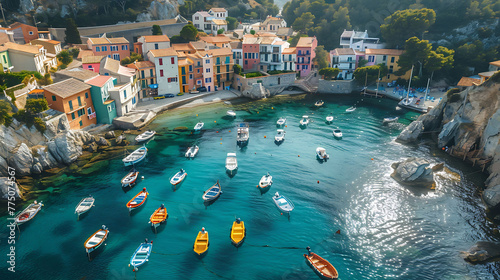 An aerial view of a scenic coastal town with colorful boats bobbing in the harbor