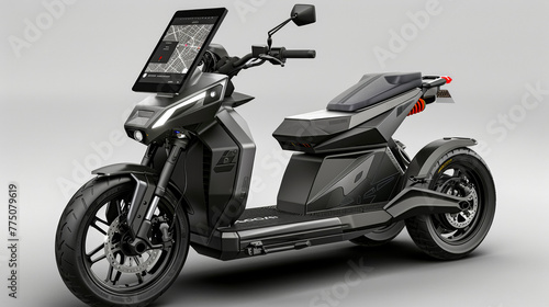 Art concept, two wheeled electric scooter, simple sense of technology,There is a large screen in the front of the car to show map navigation and driving speed, saving line science and technology, rear