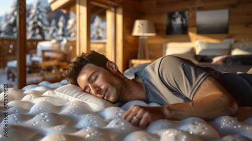 A man lies on a side sleeper pillow, resting on a gel-infused foam mattress.He looks peaceful, asleep.There is no fitted sheet on the matress.The bedroom is warm and friendly with natural colors and m
