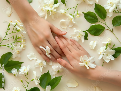 Beautiful hands amidst White Blossoms. Natural cosmetics hand skin care. 