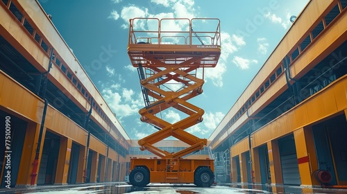 A scissor lift platform in action, the lift being used for accessing high. Generative AI.