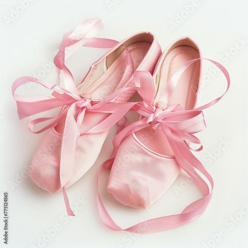 Pink ballet slippers, tied with ribbons, on white background.