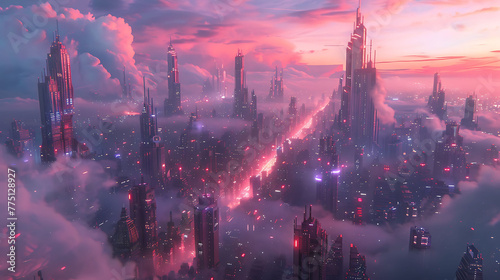 A futuristic metropolis skyline ablaze with neon lights and dazzling skyscrapers