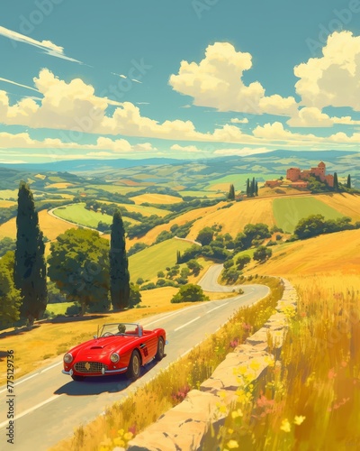 A vintage poster style illustration of an old red sports car driving down the winding country road in Tuscany, Italy. The landscape shows rolling hills 