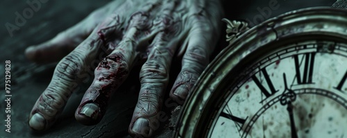 Close-up of a zombie's hand adjusting a broken clock face, with time standing still