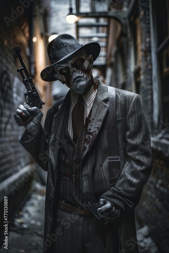 Zombie gangster in a 1920s suit, holding a Tommy gun, standing in a dimly lit alleyway, exuding menace and decay