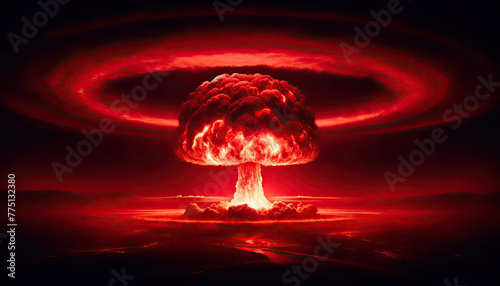 Explosion d’une bombe Nucléaire terrifiante, ciel rouge