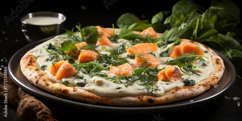 Top view of white salmon pizza with white sauce, mozzarella, salmon, spinach, and lemon, with copy space, dark concrete background Menu concept. Delicious tasty Italian food diet