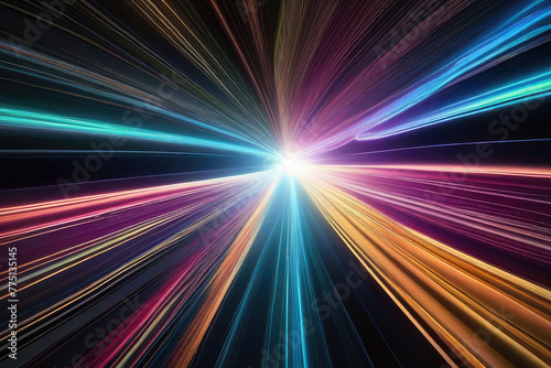 light speed hyperspace space warp background colorful streaks of light gathering towards the evening
