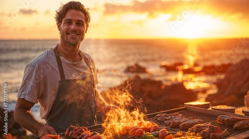 Happy man grilling food at beach sunset