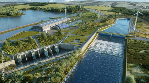 Renewable energy park, highlighting wind, solar, and hydro power sources in a sustainable energy future no splash