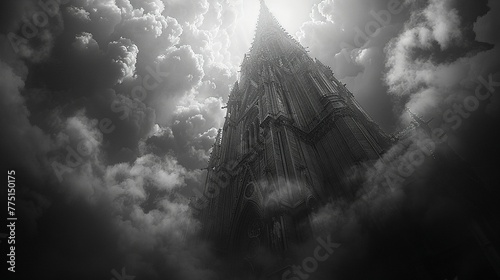 Gothic Church Spire Reaching Upward into a Cloudy Sky The spire blurs into the heavens